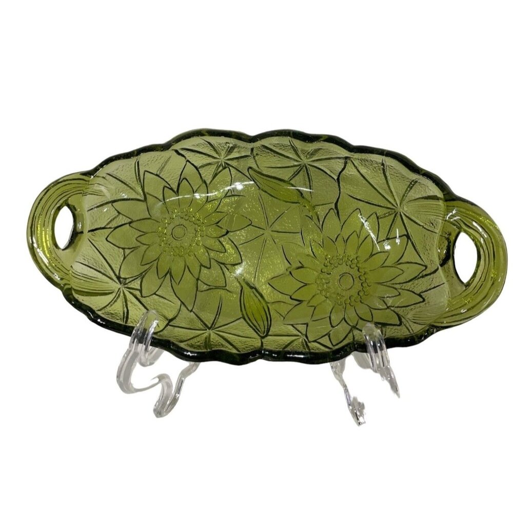 Vintage Green Glass Serving Tray With Floral Etching & Handles For Elegant Table